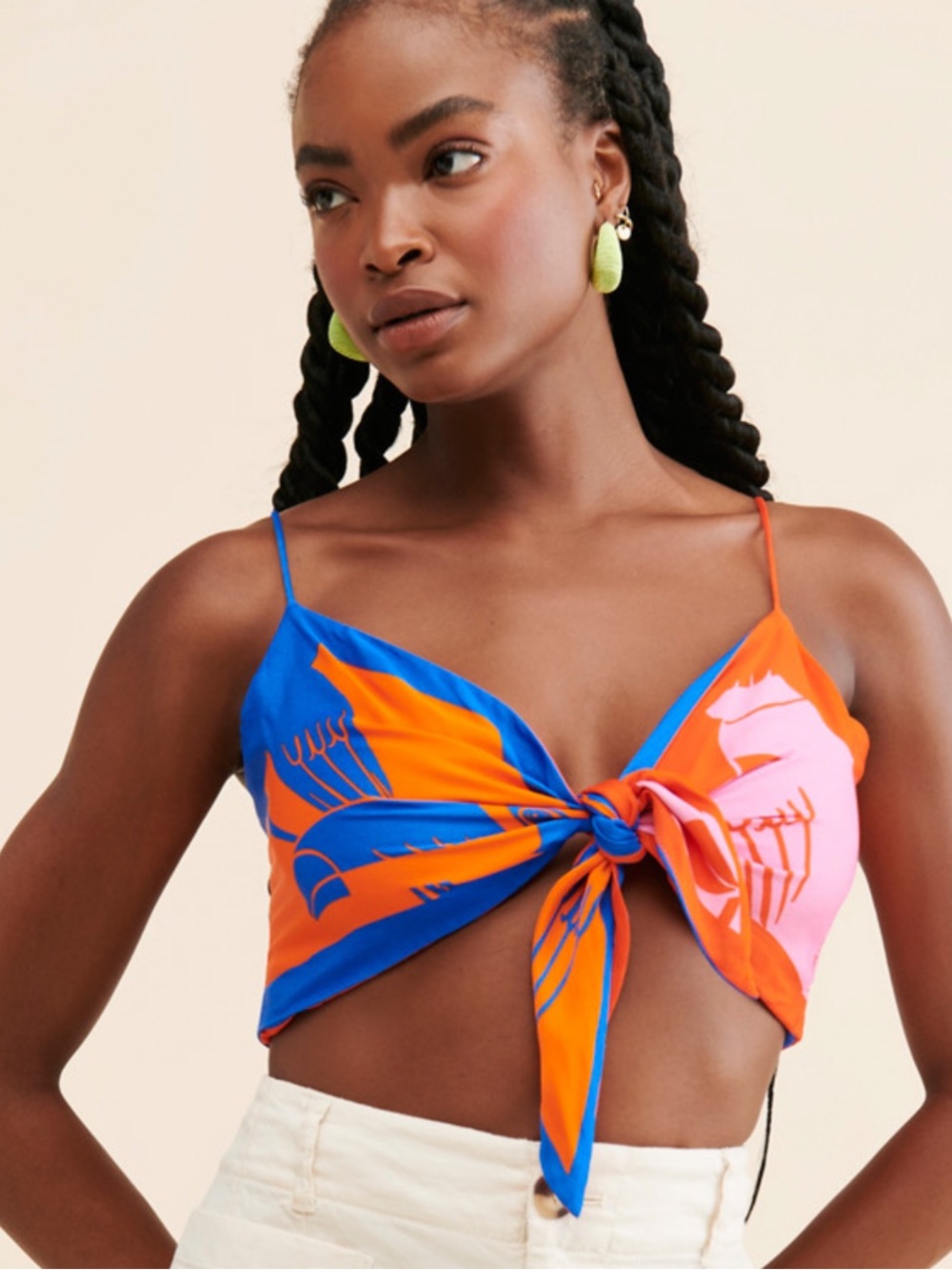 Farm Rio Mixed Rainbow Toucans Crop Top Blue Orange Pink Tie-Front Bra Top
